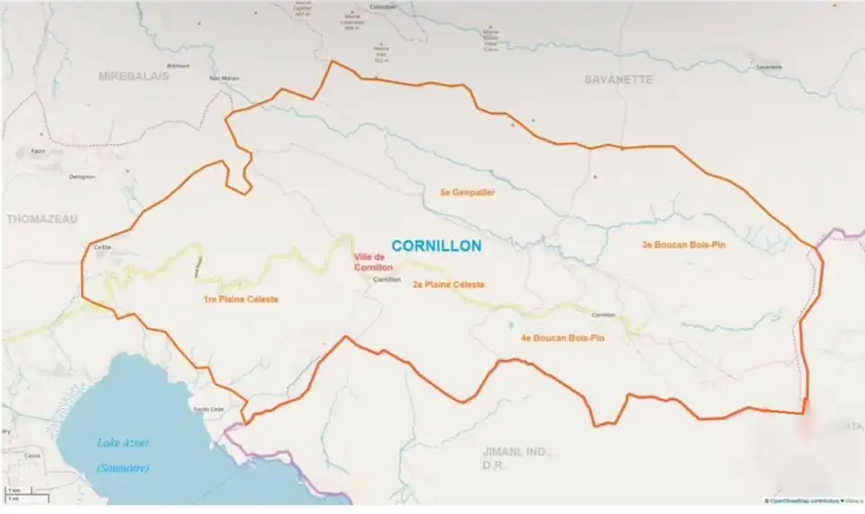 Carte de la commune de Cornillon avec la Ville, la 1re et 2e Plaine Céleste, le 5e Génipailler, le 3e et 4e Boucan Bois-Pin